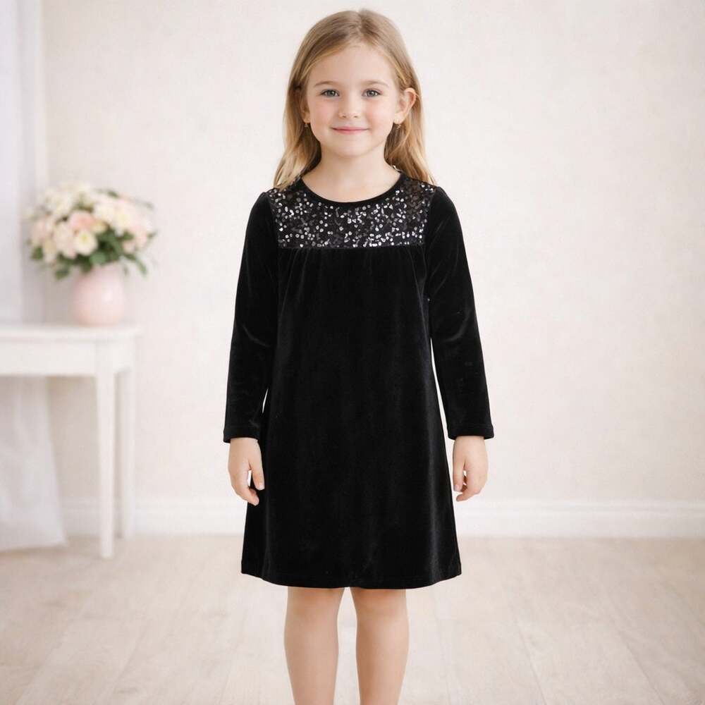 Lands' End Girls Black Velour Sequined Long Sleeve Dress 7-8